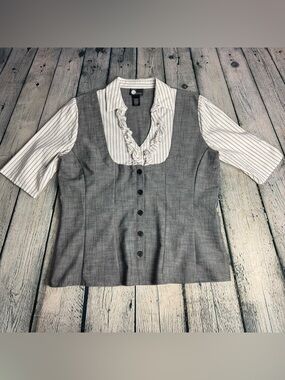 Vintage 90s Y2K First Option Gray Pinstripe Layered Button Front Top Size Large